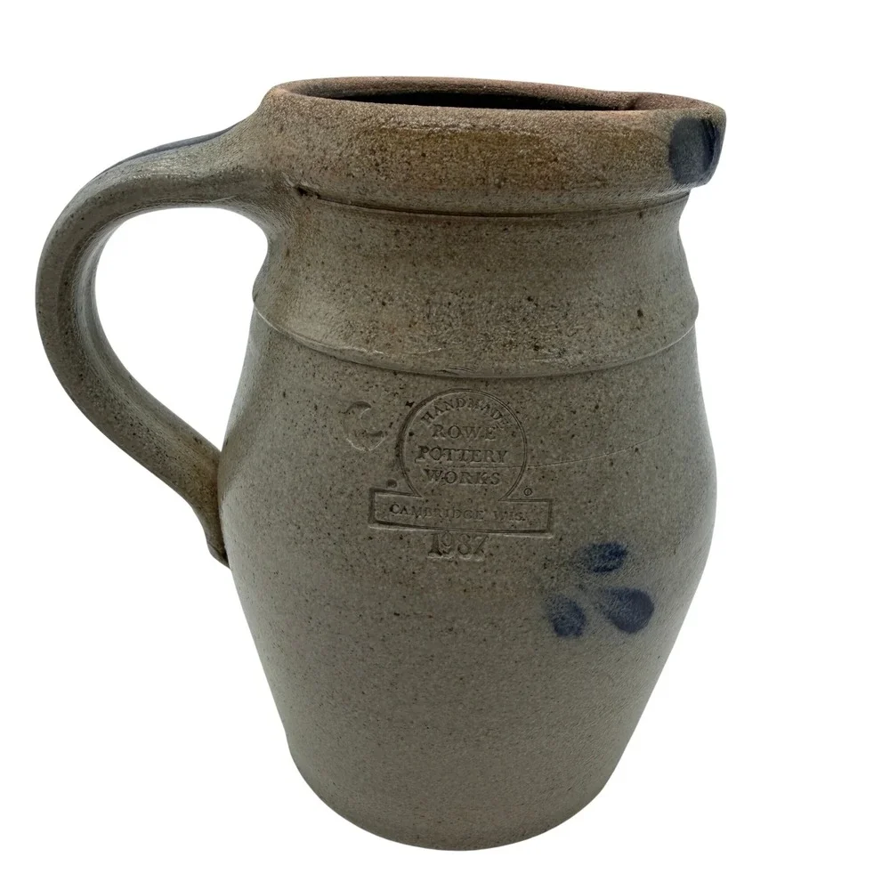 Rowe Pottery Works 1987 Salt Glaze Stoneware Pitcher Blue Heart Cambridge WI